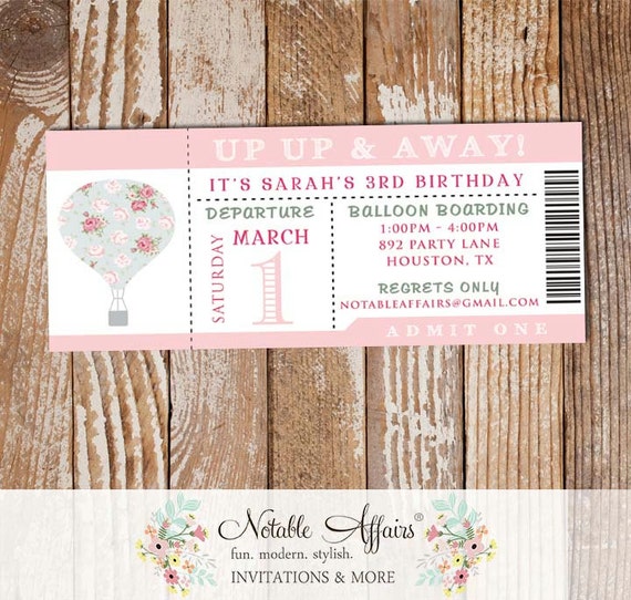 Up Up & Away Hot Air Balloon Pink Shabby Chic Birthday Ticket Invitation - colors can be changed - no wording changes due to limited space Il_570xn