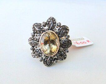 Victorian Diamond Citrine Gemstone 14 K Gold Silver Finger Ring