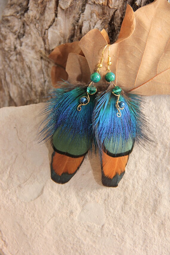 Blue Feather Earrings Festival Feather Earrings Magic by Nastasy