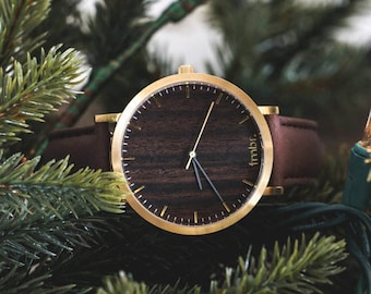 Personalized Watch Wood, Walnut Wood Gold Watch, Brown Leather Strap - CSTM-HELM-WG
