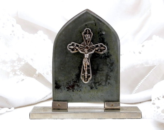 Vintage French Mid Century Polished Steel and Perspex Jesus on the Cross Statuary, Catholic Christian Religious Altar Shine Decor Crucifix