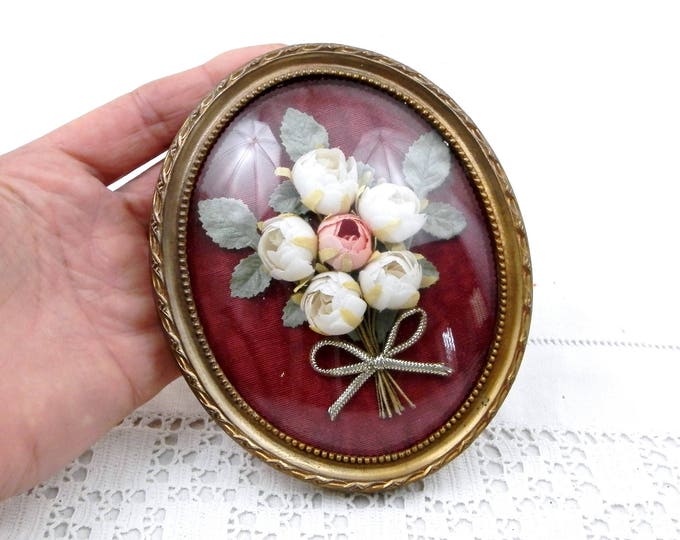 Vintage French Domed Glass and Brass Picture Frame with Silk Flower Composition on Satin Backing, Wall Hanging, Mid Century, 1950s, 1960s