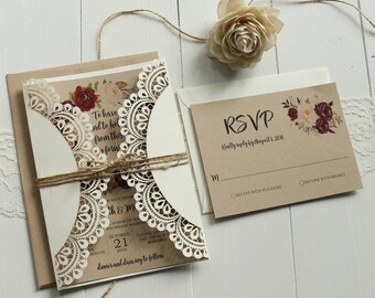 Rustic Wedding Invitation Laser Cut Burgundy Pink Floral Rustic Wedding Invitation Laser Cut Burgundy Pink Floral