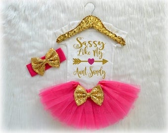 Baby Girl Sassy Like My Aunt, Hot Pink and Gold with Custom Name, Tutu Headband Set, Short and Long Sleeve Bodysuit Tshirt 207