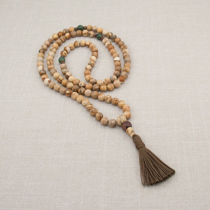 Picture Jasper Mala Beads with Agate Earthy by GoldenLotusMala