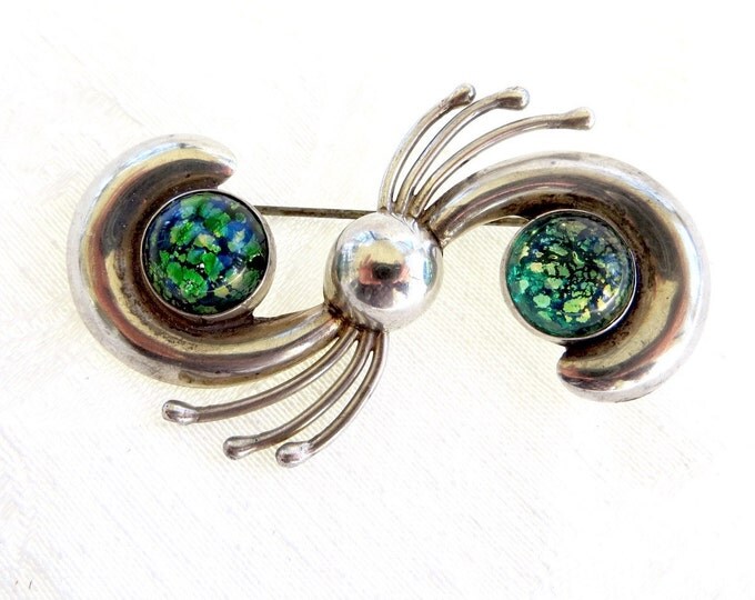 Sterling Fire Opal Brooch, Mexico Silver Pin, Signed AVM, Vintage Mexican Sterling Silver