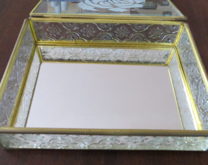 Vintage Glass Jewelry Box, Mirrored Interior, Etched Rose Lid, Moorish Design Sides