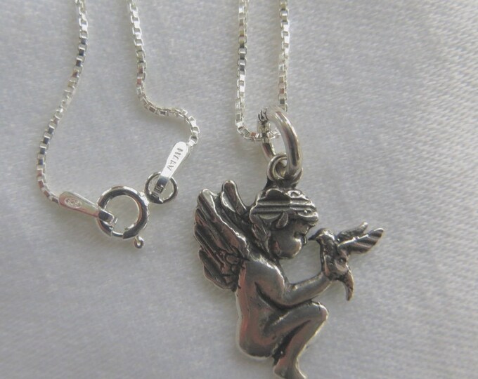 Cherub Necklace, Angel with Bird. Sterling Silver 12" Chain, Guardian Angel, Cherub Jewelry, Little Girl Necklace, Communion