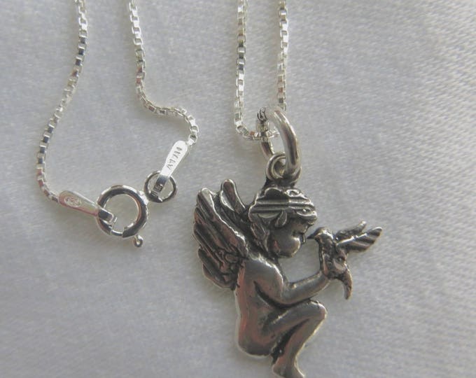 Cherub Necklace, Angel with Bird. Sterling Silver 12" Chain, Guardian Angel, Cherub Jewelry, Little Girl Necklace, Communion