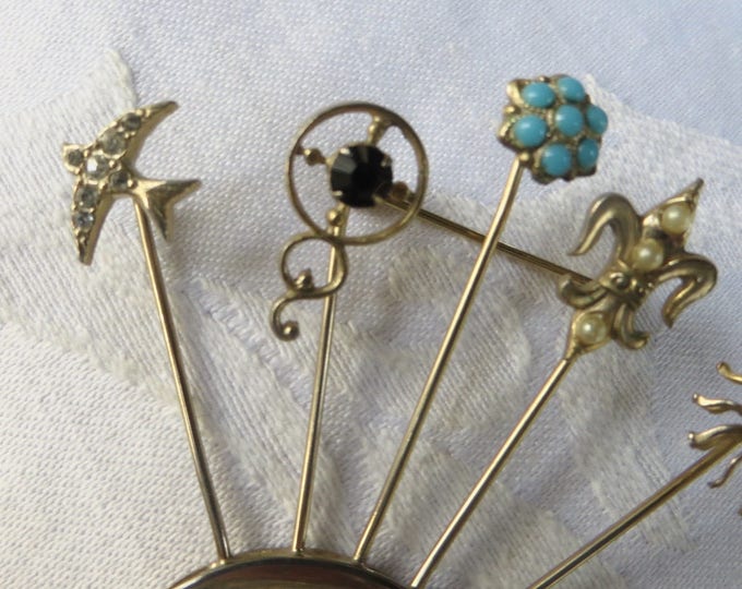 Vintage Stickpin Brooch, Unsigned Goldette Stickpin Pin, Fleur di Lis, Bird, Sun