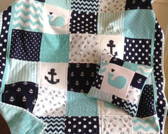 Nautical Coastal quilt/Handmade baby quilt/whale and anchor quilt/baby quilt/Coastal