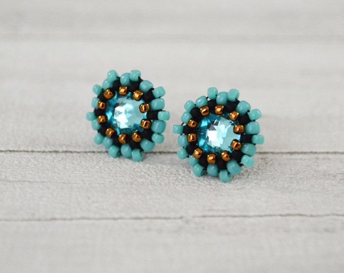 Thumbnails turquoise crystal swarovski effect ab small earrings turquoise earrings cute earrings seed beads earrings valentine gift