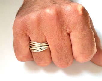 Cartier Ring - Sterling Silver Stacking Ring Polished - 9 Hammered Bands - Simple Elegant Minimalist Everyday Jewelry size 12 - Men's Ring