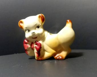 Small Dog planter with maroon bow cute face puppy dog Black painted nose eyes