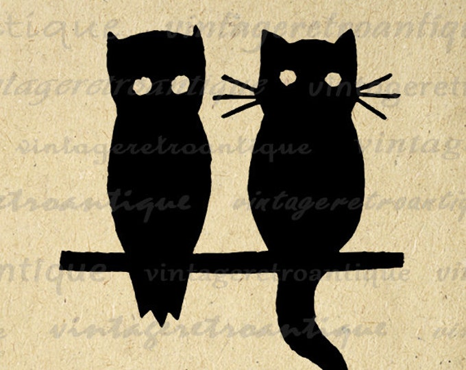 Owl and Cat Image Printable Graphic Download Illustration Digital Vintage Clip Art Jpg Png Eps HQ 300dpi No.2157