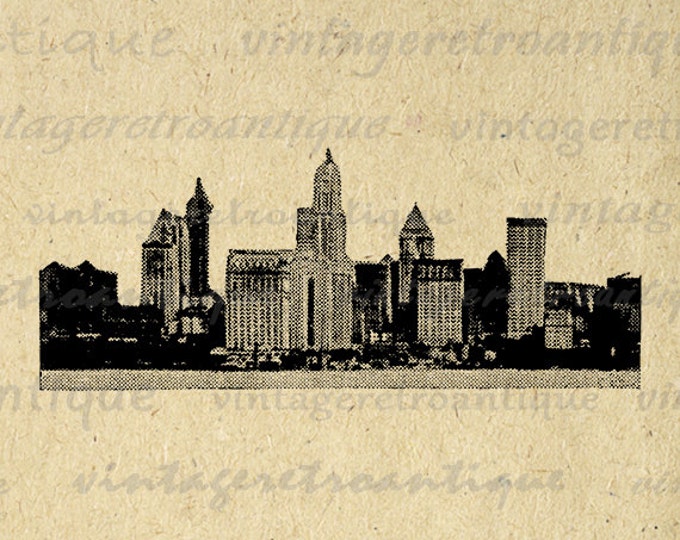 City Skyline Digital Image Graphic Skyscrapers Printable Illustration Download Vintage Clip Art Jpg Png Eps HQ 300dpi No.1934