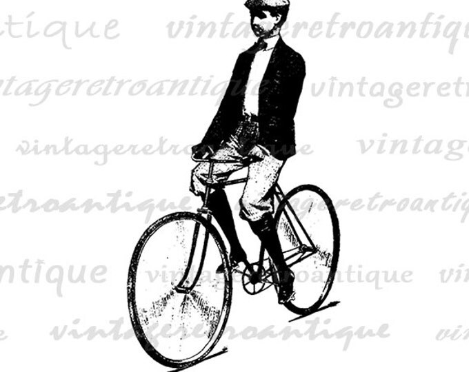 Printable Boy Riding Bicycle Image Download Bike Digital Illustration Graphic Antique Clip Art Jpg Png Eps HQ 300dpi No.3137