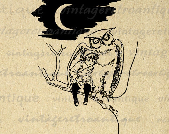 Digital Printable Owl with Girl Image Bird Graphic Illustration Download Vintage Clip Art Jpg Png Eps HQ 300dpi No.3632