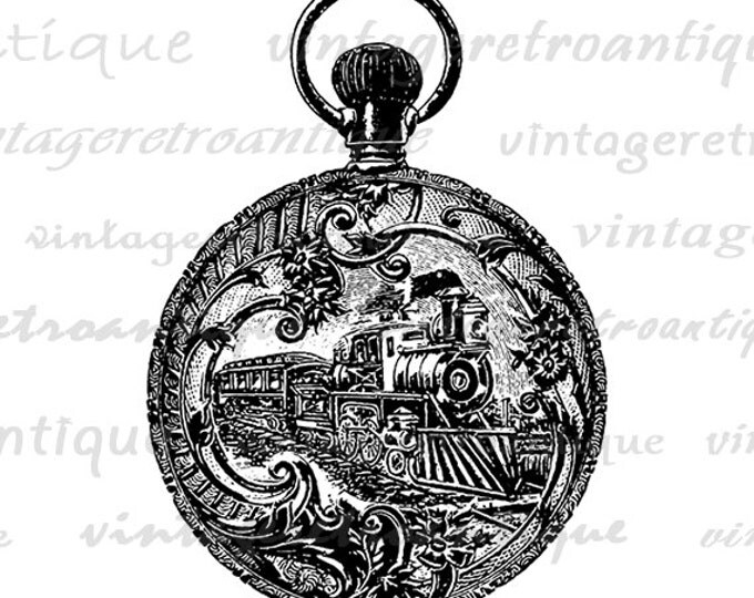 Antique Pocket Watch with Train Engraving Image Digital Download Graphic Printable Artwork Jpg Png Eps HQ 300dpi No.1687