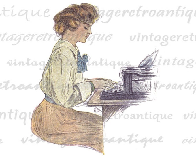 Printable Image Woman with Typewriter Graphic Download Digital Artwork Vintage Clip Art for Transfers Making Prints etc HQ 300dpi No.1958