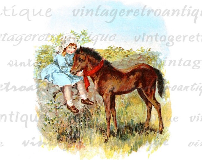 Digital Graphic Girl with Young Horse or Colt Printable Color Illustration Image Download Vintage Clip Art HQ 300dpi No.1968