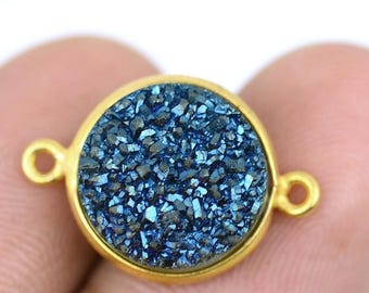 30% OFF Natural Blue Druzy, Bezel Round Shape Connector, 14mm Round 24K Gold Plated, Double Bail 1pc (BZ-11157)