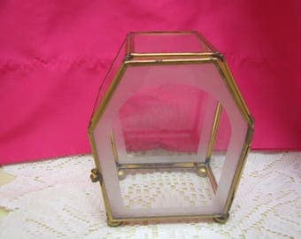 vintage Multi sided GLASS and Brass JEWELRY Display Case with feet ** * 5 3/4 " tall x 4 1/4 " across x 2 3/4" deep