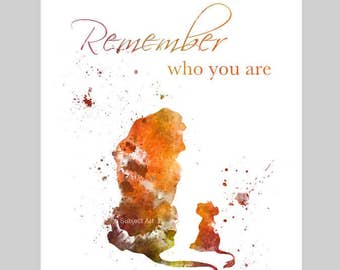 ART PRINT The Lion King Quote 'Remember who you are' illustration, Disney, Simba, Mufasa, Home Decor, Wall Art, Nursery, Childrens Art