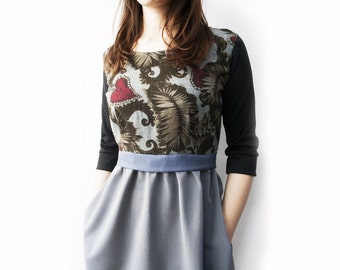 Empire waist dress with 3/4 sleeves, grey dress, women's high waist dress, dress with pockets, casual dress for women