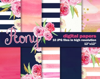 Peony Inspired Digital Watercolor Papers, 10 Navy and Pink Watercolor Digital Papers Hand Painted, Stripes