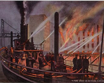 Chicago Illinois Fire Boat in Action circa 1910 Vintage Chicago Postcard (unused)