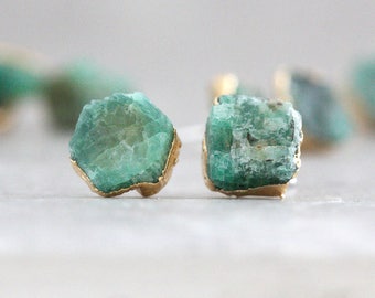 emerald earrings / emerald studs / raw emerald / rough emerald / natural emerald / gold emerald studs / emerald jewelry / green stone studs