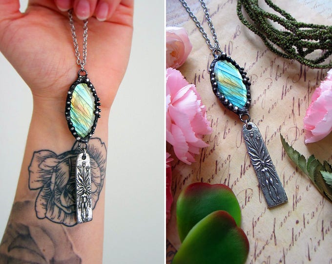 Necklace "Fairy Queen" with amazing faceted labradorite and rustic fairy pendant. Custom length steel chain.