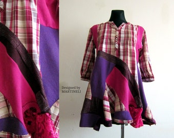 Pink Loose Tunic Oversize Tunic Patchwork Dress Boho Gypsy Dress Recycled Clothing Tunic Dress Women Bohemian Clothing Upcycled Sweaters
