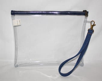 Clear Stadium Bag Wristlet 9 x 7 Inches in Heavy PVC Vinyl Navy Zipper Antique Brass Hardware with Detachable 7 Inch Denim Wrist Strap