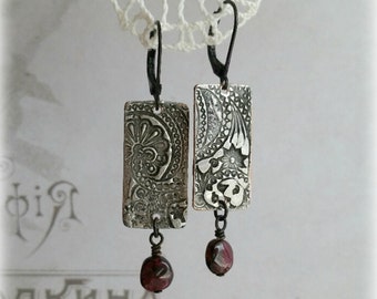 Mismatched Earrings, Paisley Print Earrings, Garnet Earrings, Paisley Jewelry, Copper and Solder, Garnet Jewelry, Gemstone Dangles, Solder