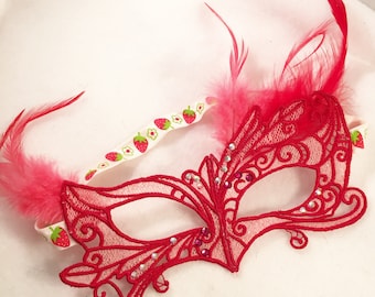 Strawberry Shortcake costume mask, Gatsby! Lace feather crystal mask masquerade ball dance prom holiday mardi gras