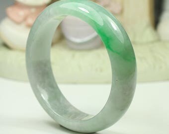 Jadeite Jade Bangle - 56.7mm Vivid Green, Light Green and Light Grey