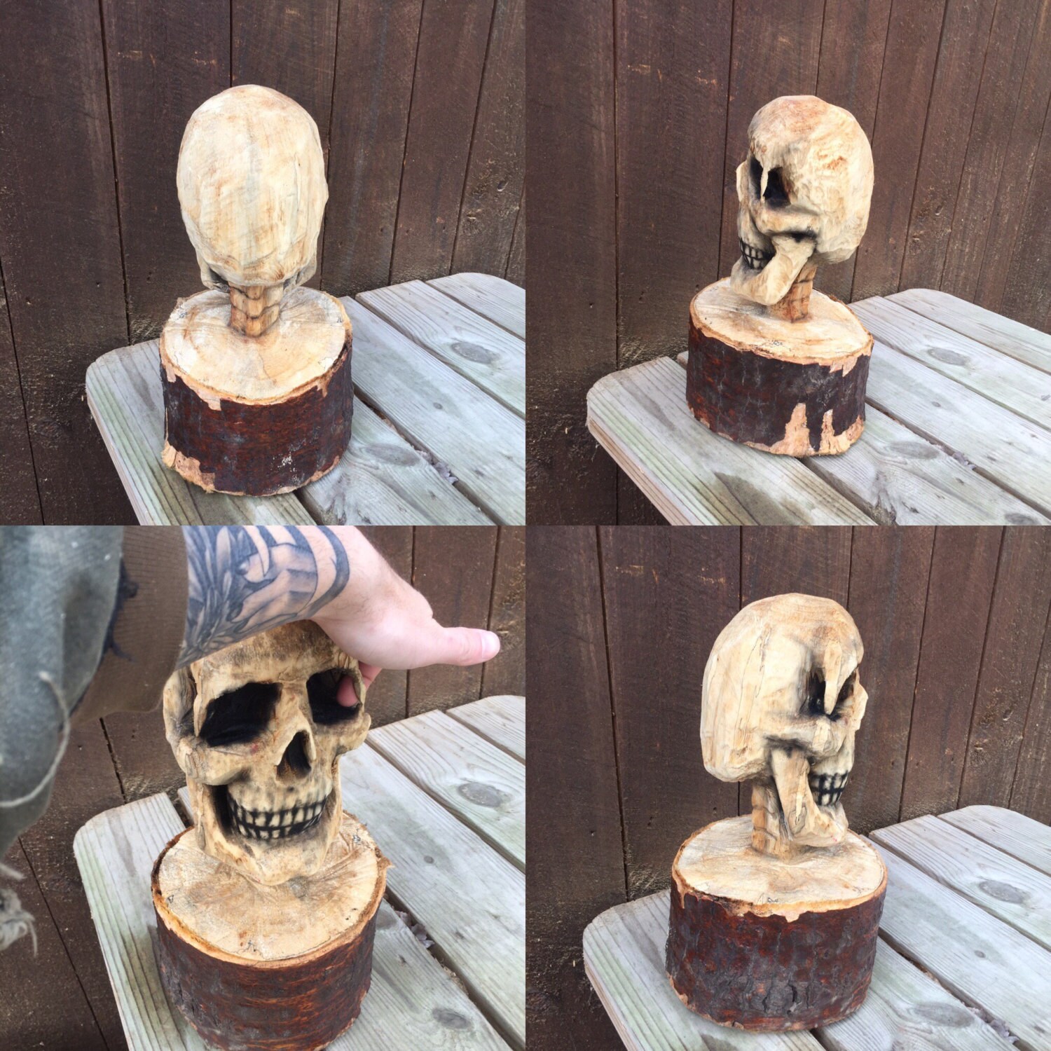 Skull Chainsaw Carving, Wood Carving, Spooky Sculpture 