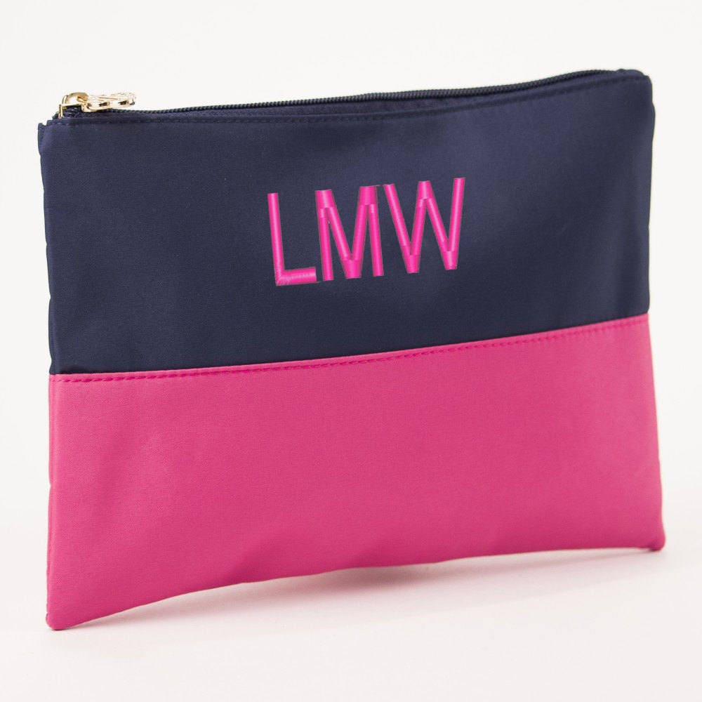 Monogram Colorblock Cosmetic Bag | Personalized Cosmetic Pouch | Monogrammed Color Block Zippered Pouch | Pink/Navy or Turquoise/Navy