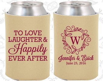 Wedding Can Coolers (C61) Love Laughter and Happily Ever After - Monogram - Personalized Can Coolers, Custom Can Coolers, Wedding Favors