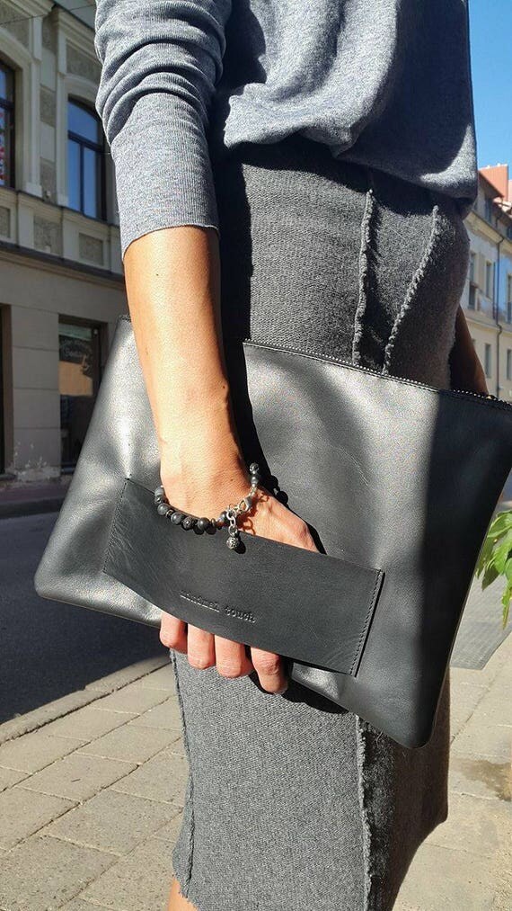 Leather clutch black leather clutch oversized clutch big