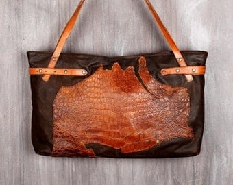Recycled Leather Bag / Upcycled Bag / Tribal Bag / Handmade Bag / Brown Leather Bag / Reptile Bag / Brown Leather /