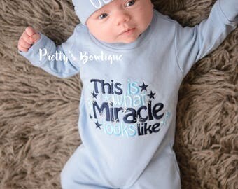 Baby Boy Outfit -- This is what a Miracle looks like Romper & Hat with Embroidered Name -- Baby Boy coming home outfit -- Take home outfit