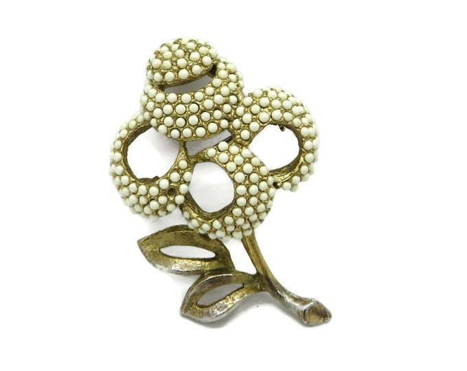 Vintage White Beaded Flower Brooch, Signed Kramer Gold Tone Floral Pin, Missing Beads
