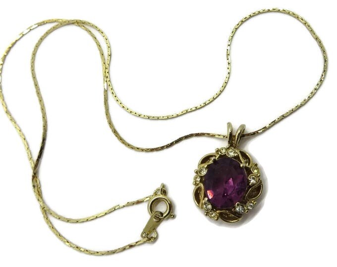 Amethyst Glass Gold Tone Pendant, Vintage Korean Necklace