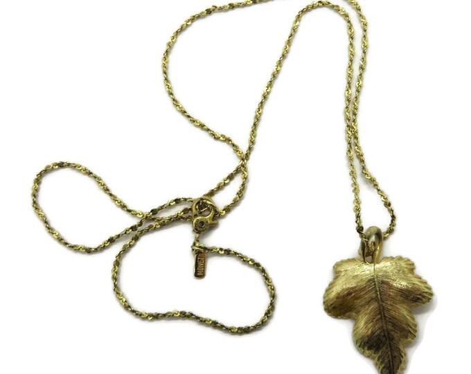 Mont Leaf Pendant, Vintage Gold Tone Leaf Necklace, Signed Monet Jewelry Gift Idea