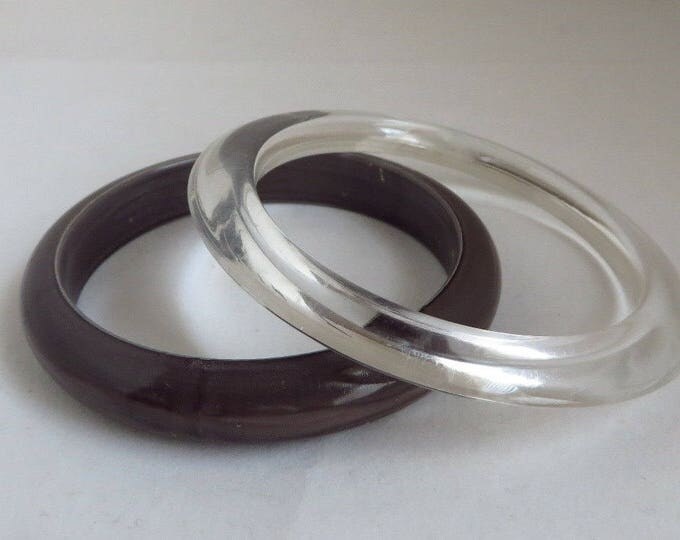 ON SALE! Lucite Bangle Pair, Vintage Clear and Gray Bracelet Duo