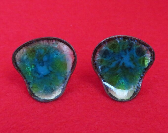 Hogan Bolas Enamel Copper Earrings, Vintage Blue Green Abstract Designer Signed Screw Back Earrings