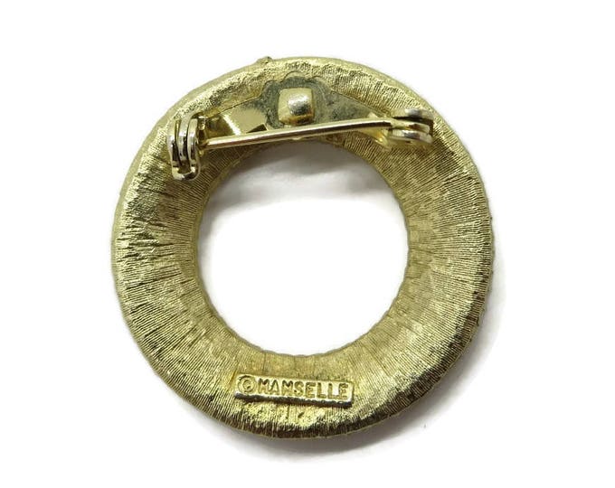 Mamselle Circle Brooch Vintage Gold Tone Matte Etched Pin Signed Designer Costume Jewelry